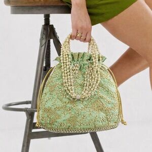 Green and Gold Embroidered Bag with Real Pearl Beaded Strap